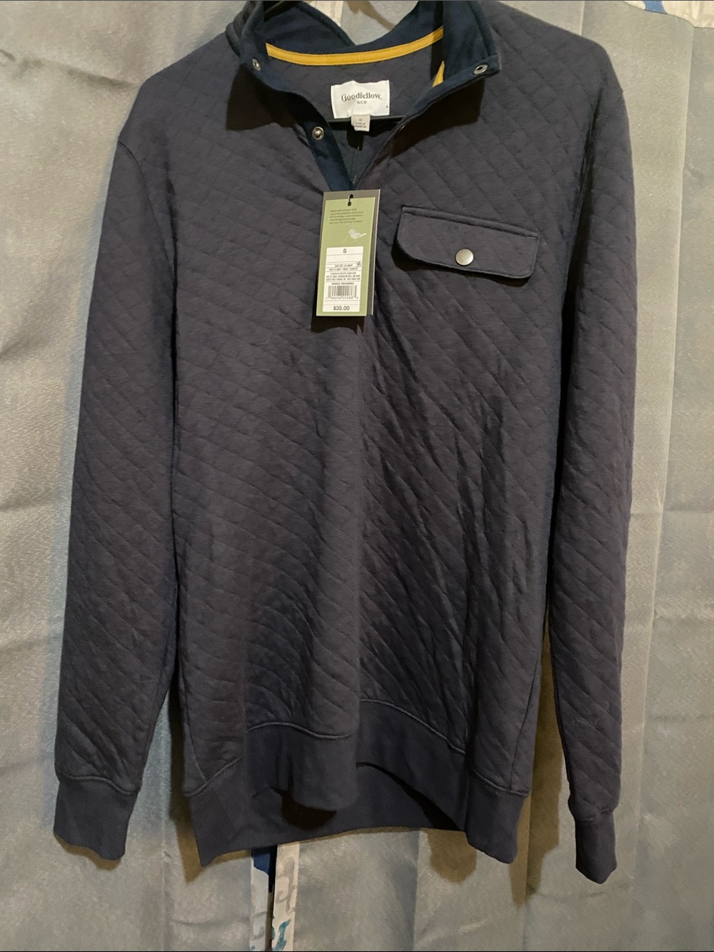 Goodfellow & Co Quilted Crewneck Pullover Sweater - Navy with Yellow Trim